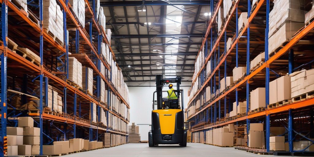 forklift safety training with workers being elevated in industrial warehouse